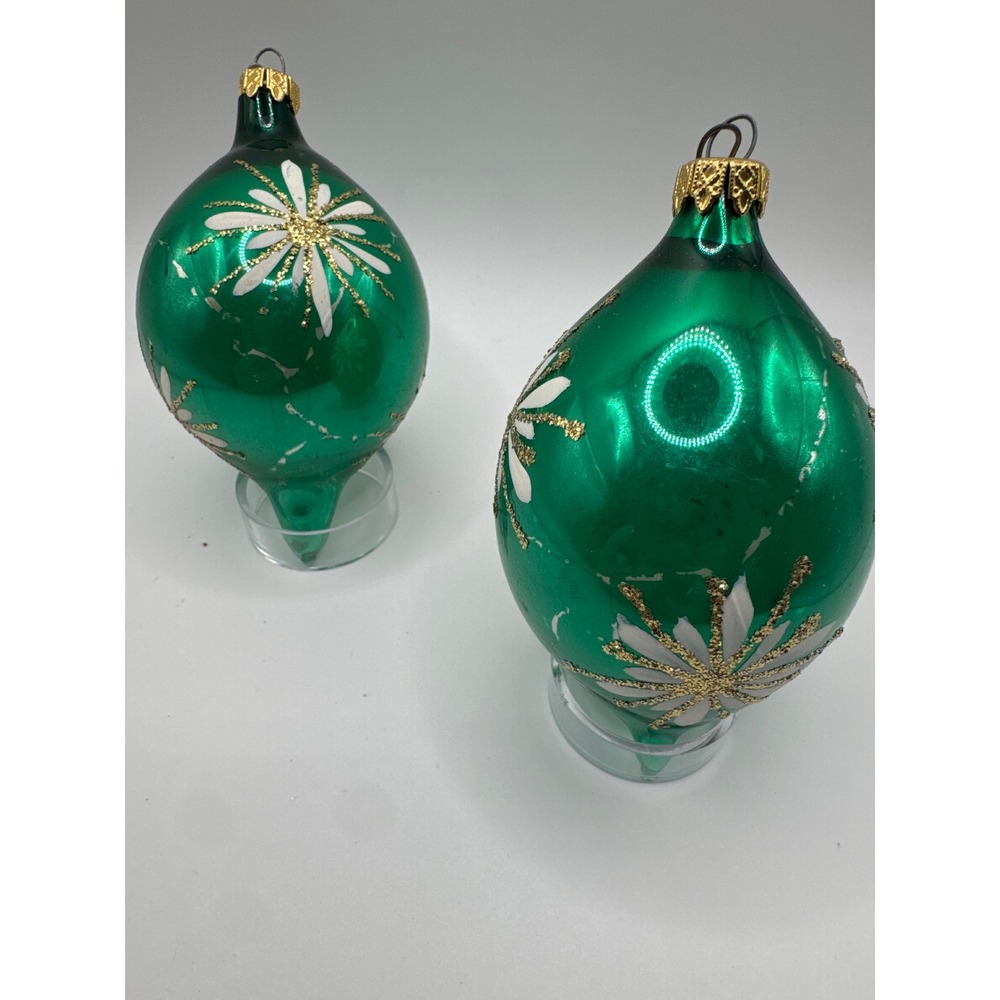 Vintage Green Glass Teardrop Christmas Ornaments Gold Glitter Floral Set of 2